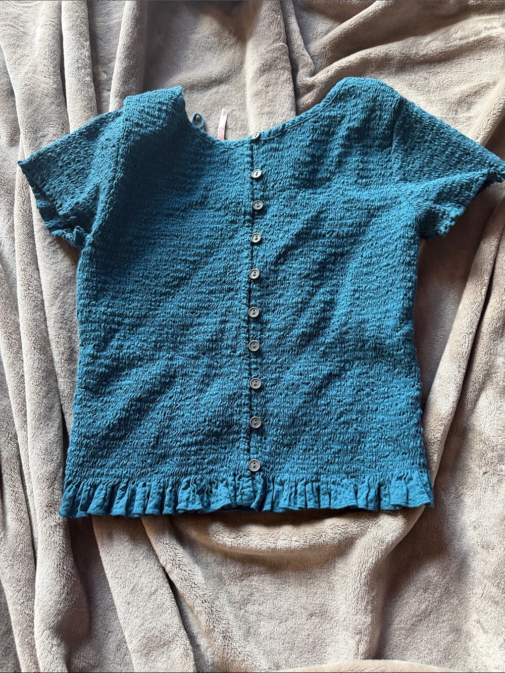 Free People Teal Button-Back Textured Short Sleeve Top